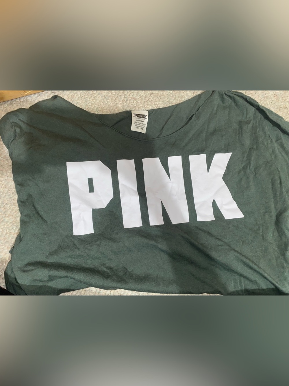 PINK Victoria's Secret Dark Green Crop Tee with White Logo